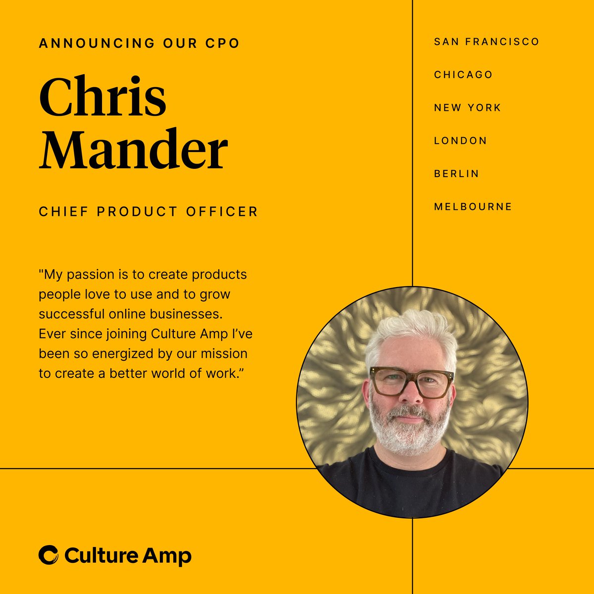 Exciting leadership news at Culture Amp! 🌟 We're thrilled to appoint Chris Mander as Chief Product Officer! 🚀 With 20+ years of experience in digital product creation and scaling, Chris will help shape our long-term strategy and drive us forward. bit.ly/4dYstzN