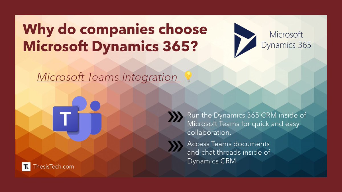 Why Companies Choose Dynamics 365 CRM
--Office 365 and Microsoft Teams Integration
A major selling point of D365 CRM is its ability to integrate with other Microsoft products already used by many companies today.

#CRM #Dynamics365 #Microsoft

Full post:
thesistech.com/why-companies-…