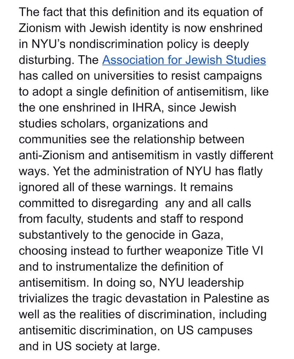 In an alarming repression effort, <a href="/nyuniversity/">New York University</a> quietly updated their student conduct policy prohibiting against criticism of Zionism — a political ideology — as akin to discrimination of protected categories.

<a href="/NYUSJP/">NYU Students for Justice in Palestine</a> &amp; <a href="/NYUFJPalestine/">NYU Faculty and Staff for Justice in Palestine</a> statement notes its anti-factual basis: