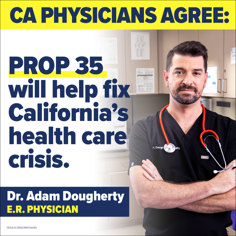 CMAdocs's tweet photo. Join California physicians and vote YES on Prop 35. This initiative will secure dedicated funding for Medi-Cal to protect and expand patient access to health care - all without raising taxes.