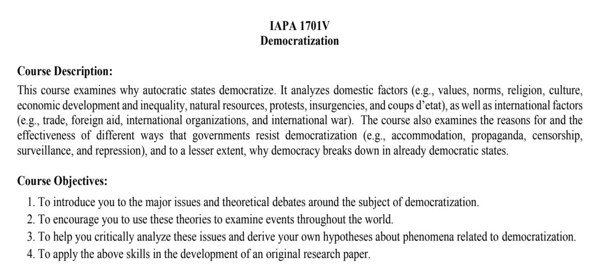 I am sharing my "Democratization" (undergrad seminar) syllabus since I have had a few requests: tinyurl.com/ykjcxzrk.