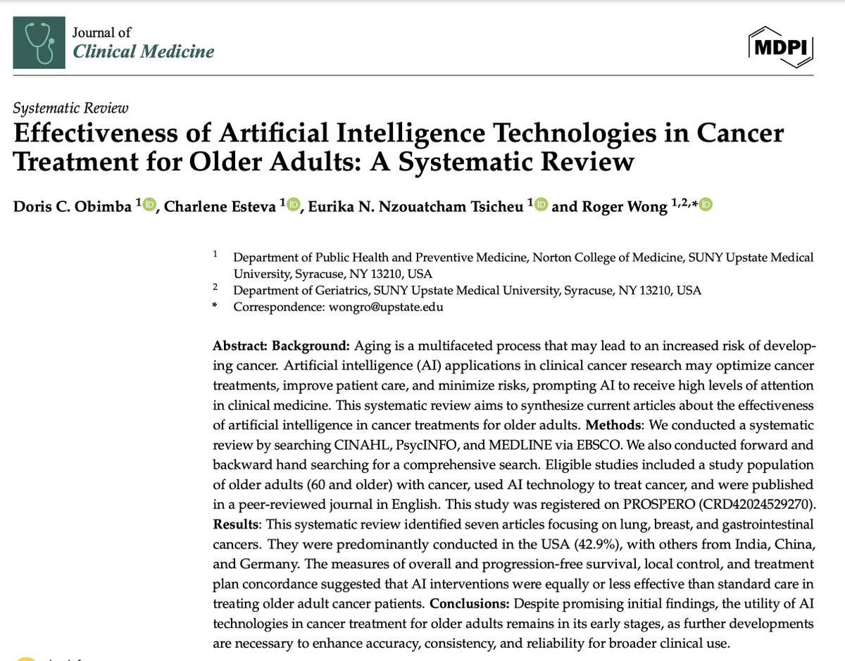 RogerWongPhD's tweet photo. A team of 3 @UpstateDPHPM #MPH / #MD students examined how #AI is being used for #cancer treatment among older adults, as their final project in my spring 2024 Systematic Reviews course. Full text of their publication is available free: https://t.co/ufHGa6sqyD https://t.co/ZPGK6Aubbo