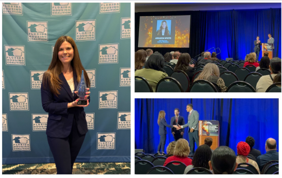 Amanda White, VP govt relations &amp; research, received Florida Housing Coalition Business Housing Champion Award for housing advocacy incl housing affordability toolkit &amp; Apartment Scarcity Dashboard resources for stakeholders. #BuildFlorida2030 #HousingOpportunityForAll