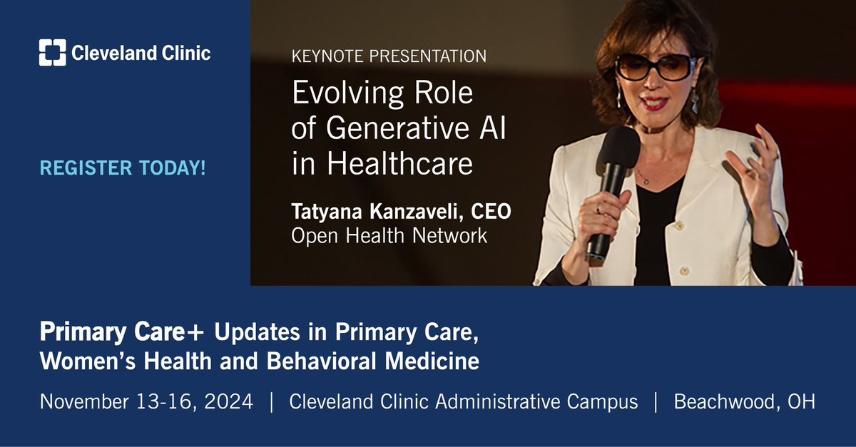 #HealthTransformer Tatyana Kanzaveli (<a href="/glfceo/">Tatyana Kanzaveli</a>) of <a href="/OpenHealthN/">Open Health Network</a> will be speaking at <a href="/ClevelandClinic/">Cleveland Clinic</a>'s "Primary Care + Updates in Primary Care, Women's Health and Behavioral Medicine" event this November on the role of #GenAI in healthcare. 
Register ➡️ ow.ly/6TXP50S0FWJ