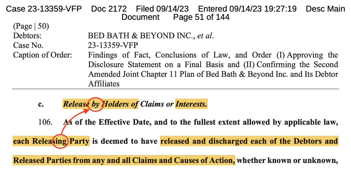 jake2b's tweet photo. thanks for taking the time to reply and I will look forward to more of your thoughts when you have the time. I can address some pieces now, just from what you have shared. I'm going to italicize yours.

—

"You are assuming a settlement was made that will take care of former equity holders and are presenting it very definitively… That is NOT just “how it works”"

I am not assuming in the traditional sense, I am drawing this conclusion from the language in the Plan. specifically, the third-party release within the Plan accounts for Holders of Claims or Interests. in a previous post, I was able to conclude that this wording was a strategic move to preserve the rights of the shareholder (Holder of Interests) as the shares had to be cancelled so that the Plan could be Confirmed—Rule 1129(b). 

note: they admit they had to go to (b) as the Plan could not be confirmed through 1129(a)(8) because some members of Class 6 were not cooperating.

I know you laughed at me when I initially presented the idea that a Shareholder would be an involved party to the third-party release, but I feel that I have done a very good job to present my reasoning and conclusion of how I got there over the last month. I believe it is very clear that is the case and for anyone else reading, here is a simple summary:
now, as there was only one class of equity security, the Holder of Interests could only have Class 9 common stock. recall, you cannot give preferential treatment within a Class, so the only possible conclusion is that SOMEthing is coming to Class 9 in exchange in connection with the third-party release.

I am presenting it definitively only because the Law is clear—you cannot discriminate within a Class, or give preferential treatment within a Class. the Plan for Bed Bath even ensures to confirm that this discrimination did not occur:
and look, even language to cover their bases for Class 6's alternative and negotiated recovery (red underline).

reading that statement, we again see the reference to Interest—note the Capitalization. they are clear, the third-party release did not only benefit the one, singular shareholder who held the claim.

my other posts about the releases, specifically the U.S. Trustee objection to the Confirmation of the Plan, go into great detail about the handling of Class 9. 

—

"and other solutions will not ‘take far too long and cost far too much.’"

I made this statement simply because that was the statement provided by the plan man in regards to your motion.

—

"I do not accept these as black and white determinations as they are being continually presented lately (by many, not trying to single out this one specifically). I do not believe tax paying American citizens or any shareholders of a publicly traded company should “just accept it” either."

that is a fair opinion and your right to feel that way. personally, I do believe that this thinking is leading your actions. you should recognize that this is an emotional expression and I further believe this emotional driver is impacting your pursuit in a way that is not beneficial to you.

to the "just accept it" statement, although I can sympathize with your frustration what you have said is somewhat beautiful because it really is that simple—we have to just accept it. the Law is structured in a way where there is no other possible outcome, especially at this stage. we are not going to rewrite the Bankruptcy Code.

and guess what, thanks to that very Bankruptcy Code and 1123(a)(4), shareholders of Bed Bath will be just fine.

—

I think am getting a better understanding of what your intentions are, at least from what I am reading. I believe that you are attempting a righteous pursuit and feel that settlement and compromise should not be on the table in exchange for what had transpired. I can respect that, but respectfully, I do believe that this is a flawed approach.

reason one: this Company is in the jurisdiction of the Court and the significant preference and "skew" in the Law when it comes to Chapter 11 is expediency and re-emergence, where possible. these are powerful factors that you cannot overcome. the Law is the Law.

reason two: as an offshoot of reason one, this Company is not in a position to make the righteous effort. who will pay for the attorneys to (allegedly) hold JP Morgan accountable? BNY Mellon? these are colossal entities. they have armies of litigation attorneys. the righteous process could and would take over a decade, because the primary legal strategy for the (alleged) defendants would be delay, stall, accrue expenses, countersue for costs, etc. all while requiring the Bed Bath side to be represented by competent, evenly-matched attorneys the entire time. who would pay for it?

also, given that Bed Bath is in the jurisdiction of the Court, with a DIP loan that has been offered by a creditor, this presents a complication of its own—the creditor is a publicly-traded Company itself, accountable to its own shareholders. it needs to fulfill its commitment to them, by having the DIP repaid. now, this is not a good reason on its own, but again it is the reality. no creditor will allow a decade-long window of time to "do the right thing."

Bed Bath is not the righteous venue. I know of another Company that is, however. I have been on that battlefield since 2020, first educating myself and then participating with my own capital since January 2021.

Bed Bath, given the situation it is in, is a ripe candidate for a compromise. we don't even know the amount of money coming to the estate in exchange for the debtor release. 

if you take your enthusiasm for accountability, apply it to how bad the crime could have been (we don't even know the full extent!), trust the experts uncovering it got to the core,—then can you imagine the potential?

can you even imagine what you could do with a significant distribution of new capital (I'm not even talking about warrants or potential new equity) on a righteous battlefield? (this is not financial advice of any kind).

—

fundamentally, I trust in Ryan Cohen. I cannot fathom him being treated how he was by the Bed Bath board and then just walking away from what he saw.

no. in fact I resolutely believe the complete opposite. I believe that a man who was turned down by over 100 investors/venture capitalists for Chewy and never lost conviction in himself, his idea or his goal, presenting his dream for a pet retailer with the same enthusiasm on the 101st attempt as he did on the first, would in fact turn around and hold anyone possible at Bed Bath with extreme accountability, to the fullest extent possible, given the situation.

have you forgotten the enormous elephant-sized pile of trouble the former Board is in? there will be accountability. 

even better, there will be this accountability plus proceeds of release settlements. and soon.

I trust Ryan Cohen. you're on the Class 9 rollercoaster my friend and guess what, you're getting the fruit of RC's labour like everyone else. 

I respect your position if you disagree. I am not uncertain of mine.

$BBBY #BBBY $BBBYQ #BBBYQ