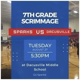 Our 7th Grade Volleyball team travels to Dacusville on Tuesday, August 27th. Best of luck to our Lady Sparks! #sparkpride