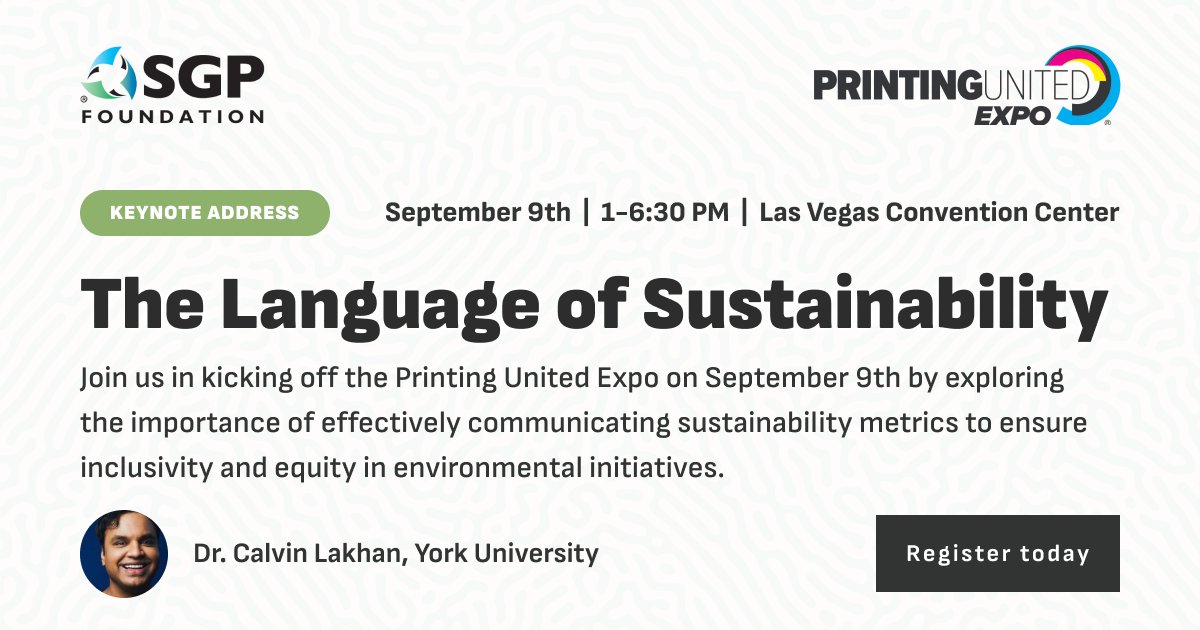 We're thrilled to share that <a href="/CalLakhan/">Dr. Cal Lakhan</a> will deliver the keynote at SGP's Sustainability Summit at the <a href="/PRINTINGUnited/">PRINTING United Alliance</a> Expo on Sept. 9th in Las Vegas!

Register: eventbrite.com/e/2024-sustain…

#SustainabilitySummit #InclusiveSustainability #SGP #GreenPrinting #PrintingUnited