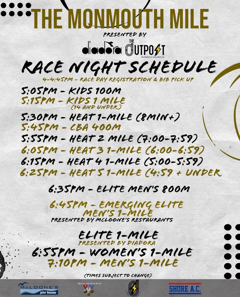 CompagniJoe's tweet image. What are you doing on Thurs. night? We hope to see you at @CBAColts for The Monmouth Mile. Sign up for a paced community heat (all ages/all paces welcome). Enjoy the music. Cheer on some of the best pros in the country in a fast 800 &amp;amp; elite miles going after fast times + prize $!