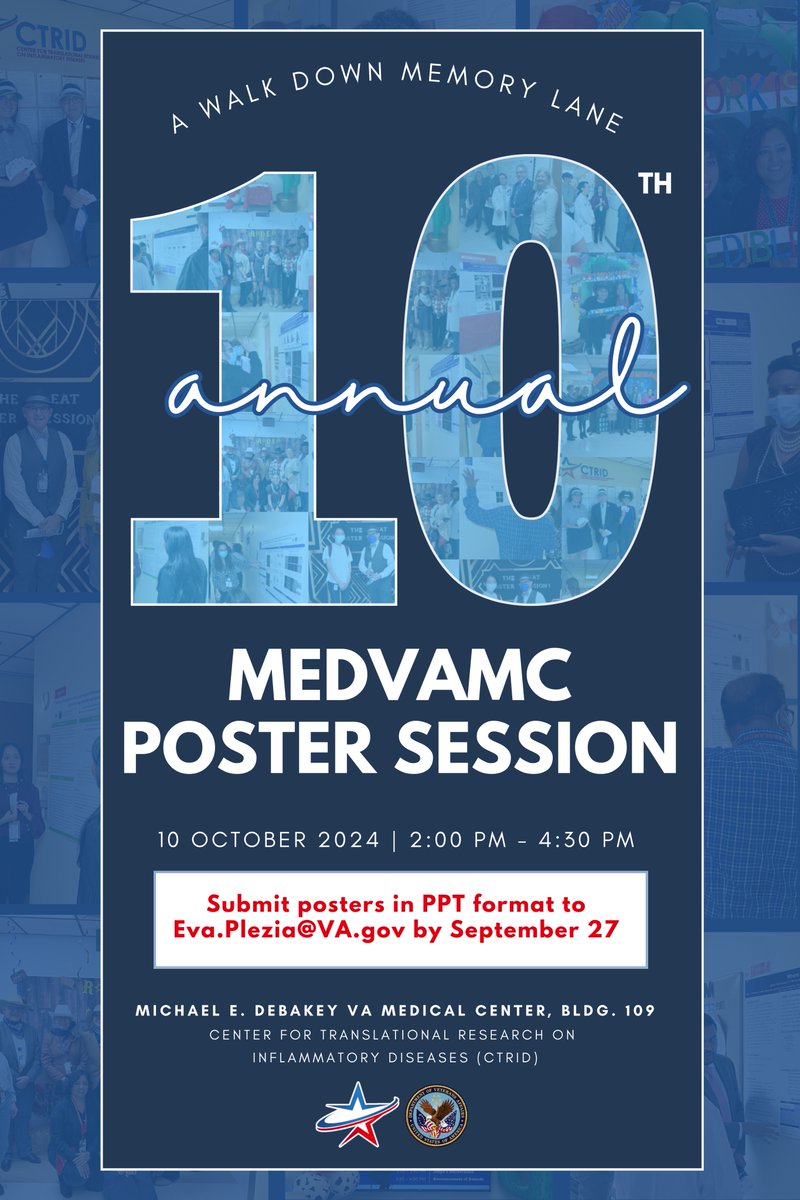 Save the date! On Oct 10, we're taking a walk down memory lane for the 10th Annual <a href="/VAHouston/">VA Houston</a> Research Poster Session!

All VA Scientists, including trainees &amp; project team members, are invited to submit posters. Get ready for a collaborative &amp; memorable time! <a href="/VAResearch/">VA Research</a>