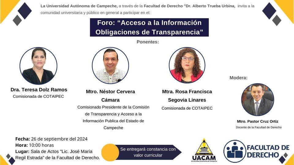 ¡No te lo puedes perder!

Les invitamos al Foro "Acceso a la Información Obligaciones de Transparencia", que impartirán el Mtro. #NéstorCerveraCámara, <a href="/TereDolz/">Tere Dolz</a> y <a href="/Rosy_segovia/">Rosy</a>, Presidente y Comisionadas de la #COTAIPEC, respectivamente.
📅 26 de septiembre de 2024
⏰10:00 horas