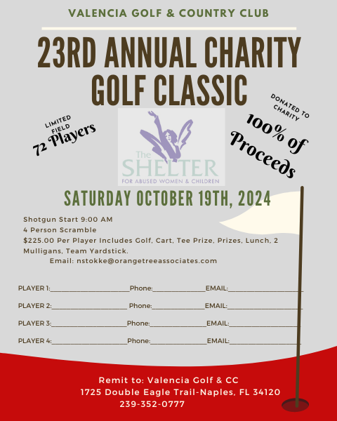 ValenciaGolf's tweet photo. Join us for our 23rd Valencia Charity Golf Classic on Saturday October 19th, 2024 to raise money for The Shelter of Abused Women and Children of Naples!  100% of the tournament proceeds are donated to the charity! https://t.co/tnTsVG4tZP