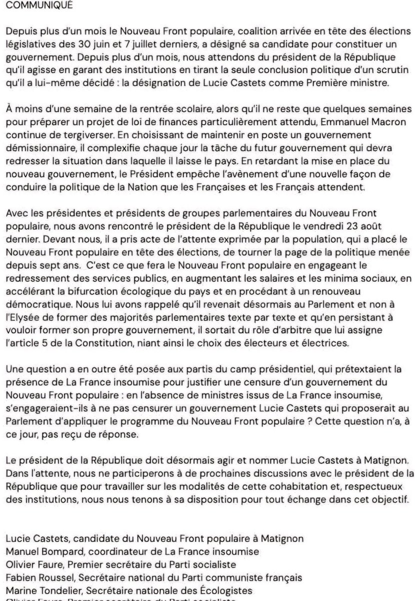 xavier_marchand's tweet photo. Communiqué impeccable du #NouveauFrontPopulaire. Préservons l'unité. Renforçons nos exigences par le mouvement social de soutien annoncé à la #Rentrée2024. #TransformationSociale ‼️ #Macron est acculé. Et la campagne des #Législatives2025 est déjà lancée. #SecondMandatDeLaHonte https://t.co/Q6D1Qs4Gy3