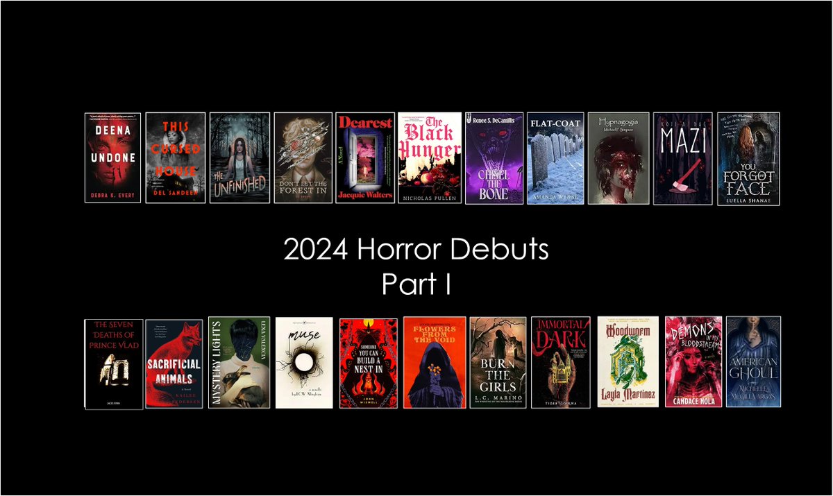 TheRealJackFinn's tweet photo. 50 years ago this year, Stephen King’s debut horror novel (Carrie) hit bookstores.

This week I wanted to give a shout out to all the horror authors with debut horror novels in 2024.

Who knows, readers may be talking about some of these debuts 50 years from now.

(Part 1 of 4)

Deena Undone – Debra K. Every @debrakevery 
This Cursed House – Del Sandeen @DelSandeen 
The Unfinished - Cheryl Isaacs
Don’t Let the Forest In – CG Drews @PaperFury 
Dearest – Jacquie Walters
The Black Hunger – Nicholas Pullen @thenajpullen 
Chisel the Bone – Renee S. DeCamillis @ReneeDeCamillis 
Flat Coat – Amanda Wynne @AD_Wynne 
Hypnagogia – Michael F. Simpson @MichaelFSimpson 
Mazi – Koji A. Dae @KojiADae 
You Forgot My Face – Luella Shanae
American Ghoul – Michelle McGill-Vargas @askdelta8 
Demons in My Bloodstream – Candace Nola @candace_nola 
Woodworm – Layla Martinez
Immortal Dark – Tigest Girma
Burn the Girls – LC Marino @LCMarinoWrites 
Flowers From the Void – Gianni Washington
Someone You Can Build A Nest In – John Wiswell @Wiswell 
Mystery Lights – Lena Valencia @lenavee
Sacrificial Animals – Kailee Pedersen @KaileePedersen
The Seven Death of Prince Vlad – Jack Finn @therealjackfinn
#horror #horrorbooks #scary #HorrorFamily #horrorfan #BookRecommendation #spreadthehorror #booktok #BookTwitter #booktwt #NewReleases