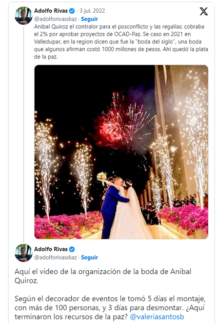 sandra_chindoy's tweet photo. 🔴ATENCION: 1.000 mil Millones se gasto este TIPO en la FIESTA DE MATRIMONIO. Este funcionario de @IvanDuque fue uno de los que cobraba COIMAS DEL 2% de los OCADpaz donde hay perdidos 12 BILLONES. Miren aqui como se gasto los 1000 millones en PARRANDA👇 
https://t.co/91DoM7BbjZ https://t.co/G4zXryuGBG