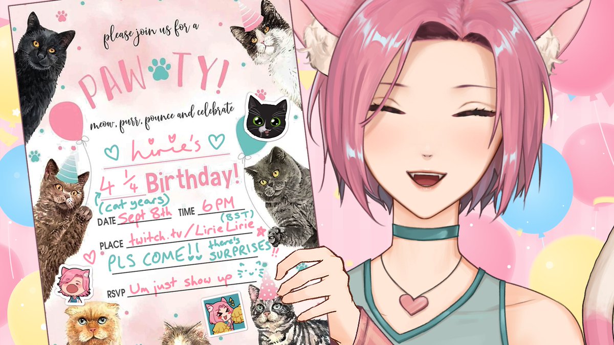 LirieLirie's tweet image. hi, everyone...
it's almost...
🥳🥳 MY BIRTHDAY!!! 🥳🥳

I'm having a party, and EVERYONE'S INVITED!!

SEPTEMBER 8TH 2024
6PM BST 'til LATE!! (I'm aiming to go for at least 6 hours, hopefully longer!!!)

hope you can make it!!! ☺️