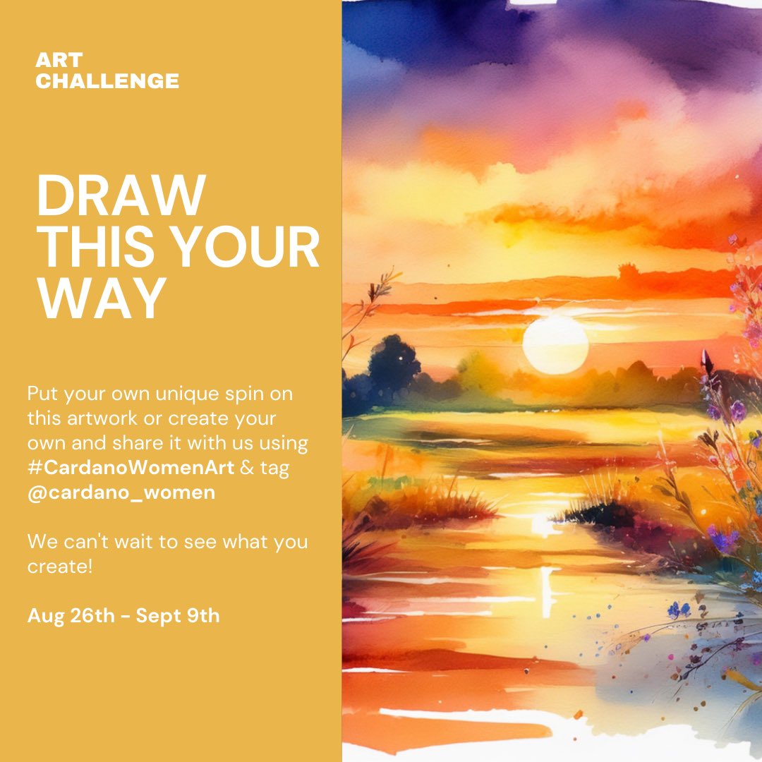 CardanoWomen's tweet photo. Hello, hello! 

As summer comes to an end we thought it only right to have a “Summer Sunset” themed art challenge 🌅

You know how this goes. Share an art piece that is on theme or you can #DrawThisinYourStyle remember when we say art piece there are no boundaries, it can be a photo, trad art, digital or ai. 

Our goal is to inspire creativity 🖤 tag us @CardanoWomen and use #CardanoWomenArt so we can share and appreciate your creativity 

August 26th - September 9th

#ArtInspiration #dtiys #Creative #cardanocommunity