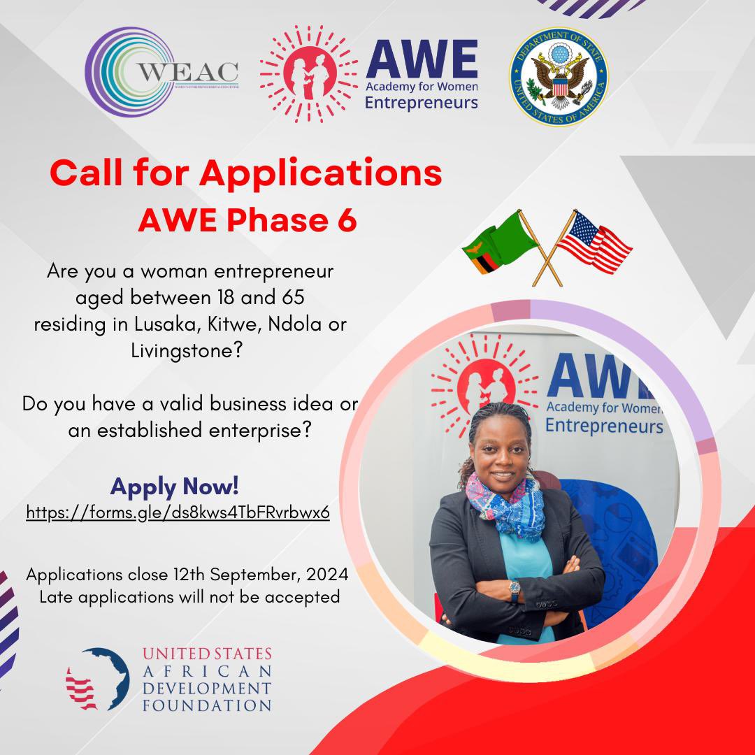 WEAC ZAMBIA (@weaczambia) on Twitter photo Apply now for the Academy for Women Entrepreneurs (AWE) Phase 6
Are you a woman between 18-65 in Lusaka, Kitwe, Ndola, or Livingstone with a business idea or existing enterprise?
Apply now: shorturl.at/grq0Z
Applications close Sept 12th
#AWEnergized <a href="/usembassyzambia/">U.S. Embassy Zambia</a> Apply now for the Academy for Women Entrepreneurs (AWE) Phase 6
Are you a woman between 18-65 in Lusaka, Kitwe, Ndola, or Livingstone with a business idea or existing enterprise?
Apply now: shorturl.at/grq0Z
Applications close Sept 12th
#AWEnergized <a href="/usembassyzambia/">U.S. Embassy Zambia</a>