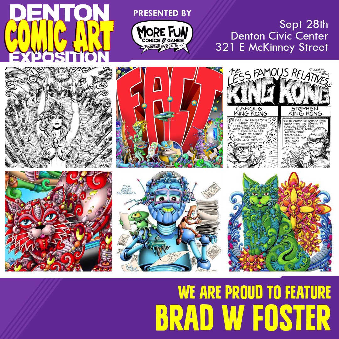 dentoncomicart's tweet photo. We proudly welcome Brad W.
Foster to the 2024 Denton Comic Art Expo.

Save the date! Saturday, September 28, 2024, at the
Denton Civic Center
(321 E McKinney St, Denton, TX 76201)

#BradWFoster #TexasArtist #DentonComicArtExpo
#DentonTX #ComicArt #DCAE #DCEA24 https://t.co/vGvodktJPt