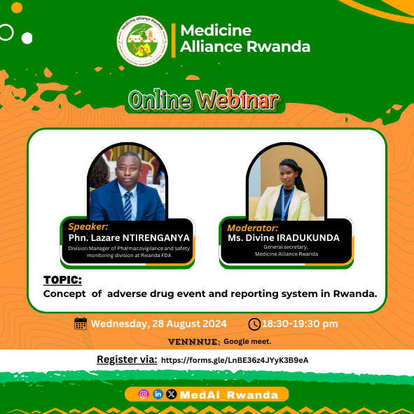 MedAl_Rwanda's tweet photo. 🛑Exciting news‼
This coming Wednesday, we are having an interesting and educational online webinar about the concept of adverse drug events and the reporting system in Rwanda. Register via; https://t.co/jKYoAiaEvz ,
to join us in this webinar.
#HealthyForAll
#MedicineSafety https://t.co/F9SQCAT1HZ