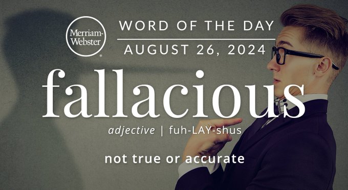 Merriam-Webster Word of the Day August 26, 2024 'fallacious' adjective | fuh-LAY-shus "not true or accurate" Background Image: A man and his shadow and his shadow's nose is growing as if the shadow is lying