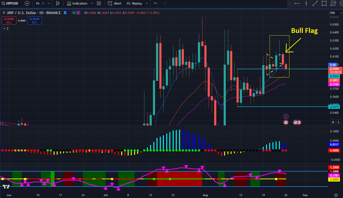 Headlines2026's tweet photo. XRP Update: $XRP this morning is selling off. #XRP broke the pennant price pattern we've been talking about a couple of days ago, but now it's pulling back and testing that $0.59 breakout area as support. This is to be expected! Once price breaks a major resistance area it tends to pull back and test that area as new support.

Right now, XRP is forming a bull flag price pattern. This is a bullish continuation price pattern, and as long as we hold this $0.58 - $0.59 area the bulls are still in control. Stay strong #XRP holders!

WATCH THE #XRP VIDEO ON MY YOUTUBE CHANNEL