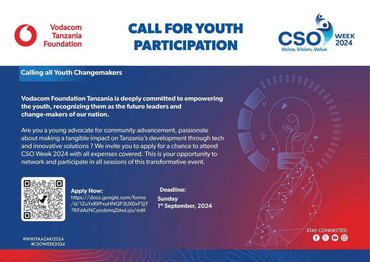 CSO WEEK (@csoweek) on Twitter photo Calling all Youth Changemakers.
<a href="/vodacomtzfound/">Vodacom Tanzania Foundation</a> is firmly dedicated to empowering the youth, acknowledging them as the future leaders and change-makers of our nation. As the main partner for #CSOWeek 2024, the Foundation is excited to support and sponsor young individuals to Calling all Youth Changemakers.
<a href="/vodacomtzfound/">Vodacom Tanzania Foundation</a> is firmly dedicated to empowering the youth, acknowledging them as the future leaders and change-makers of our nation. As the main partner for #CSOWeek 2024, the Foundation is excited to support and sponsor young individuals to