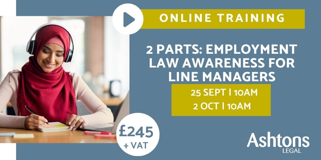 BOOK NOW! Our popular online training course: Employment Law Awareness for Line Managers is taking place on 25 September! Get your place now for our interactive workshop looking at employment law issues that line managers need to be aware of. ow.ly/ZgFf50RjJC1 #ukemplaw