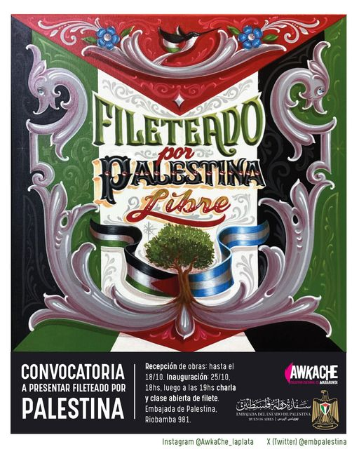 embpalestina's tweet photo. FILETEADO POR PALESTINA LIBRE
Expresiones de solidaridad en defensa de los derechos humanos del pueblo palestino. El arte porteño como medio de expresión para denunciar el genocidio que padece Palestina. Más información en https://t.co/6JzDZ0gRif
#Palestina #Argentina #Fileteado https://t.co/53nRPPA0A1