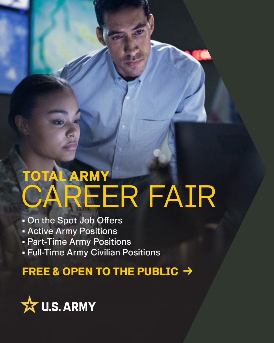 USArmy's tweet image. Attention! Your #USArmy is hiring! The Total Army Career Fair will be held Sept. 6-7, 2024, from 10 a.m. until 4 p.m. at NRG Stadium in Houston, Texas. Get the full details ⬇️ 
army.mil/article/278885