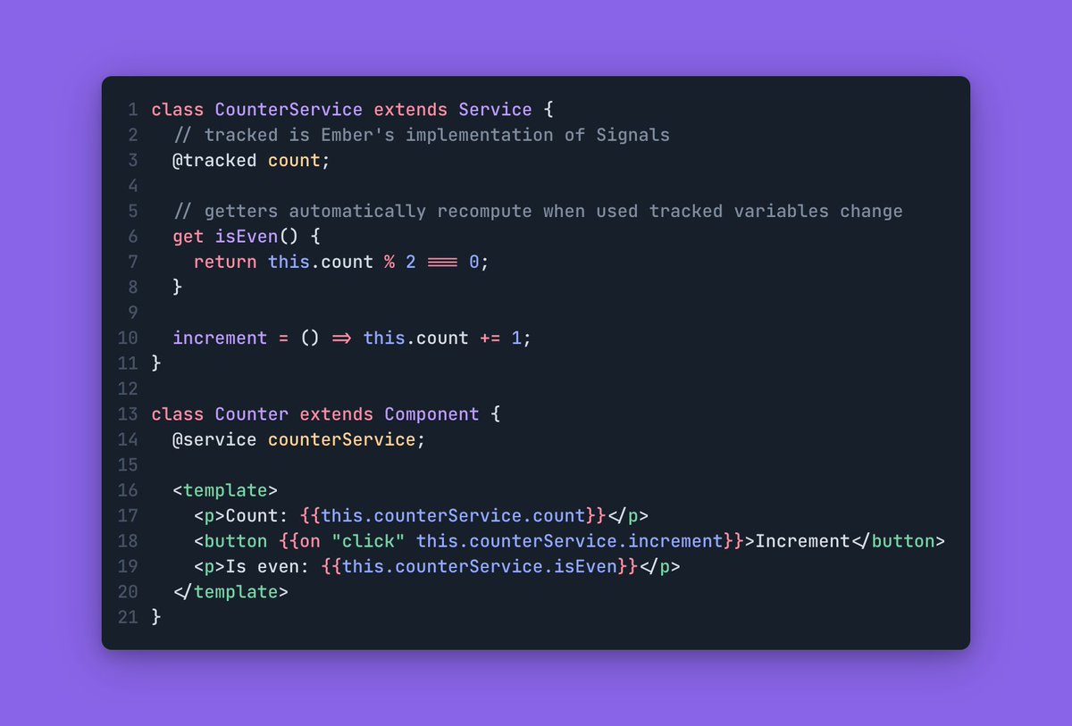 Ember's implementation of Signals handles value wrapping and computed for you, and I think that's beautiful.
