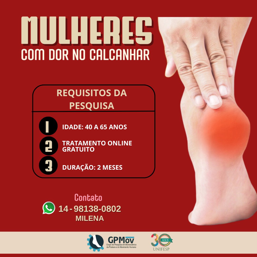 Unifesp (@unifesp) on Twitter photo O Campus Baixada Santista da #Unifesp recruta #mulheres com fasciíte plantar e/ou esporão do calcâneo para tratamento fisioterapêutico por meio do método pilates solo. Informações em: dci.unifesp.br/voluntarios/un…. #somosunifesp #unifespbs #iss #voluntárias #fasciíteplantar #pés O Campus Baixada Santista da #Unifesp recruta #mulheres com fasciíte plantar e/ou esporão do calcâneo para tratamento fisioterapêutico por meio do método pilates solo. Informações em: dci.unifesp.br/voluntarios/un…. #somosunifesp #unifespbs #iss #voluntárias #fasciíteplantar #pés