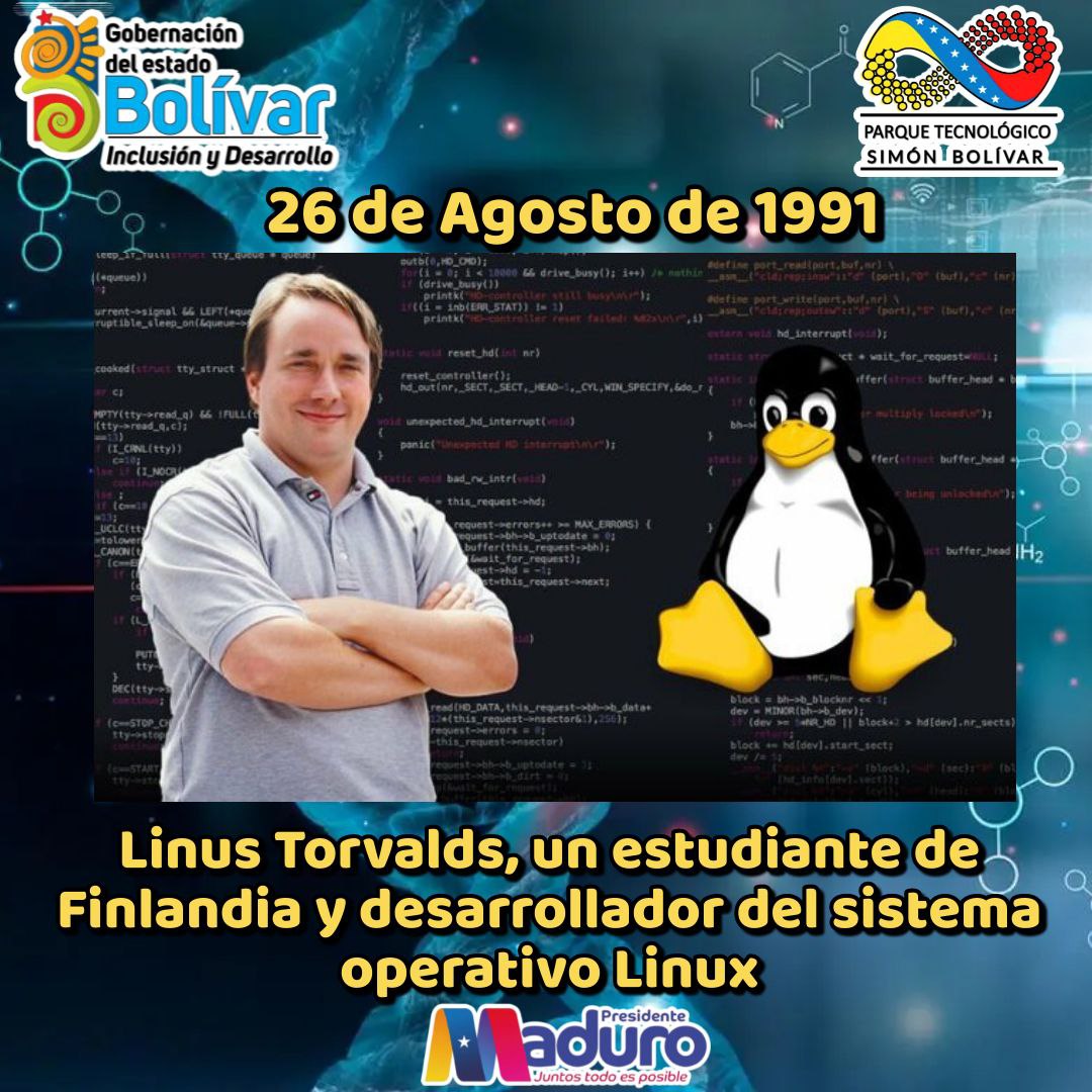 PTSimonBolivar's tweet photo. #Efemérides | #26Ago En 1991 Linus Torvalds, un estudiante de Finlandia y desarrollador del sistema operativo Linux.
@NicolasMaduro
@Gabrielasjr
@amarcanopsuv
@JesusLeonPCV
#HastaProntoX https://t.co/tFZD8UeFN3