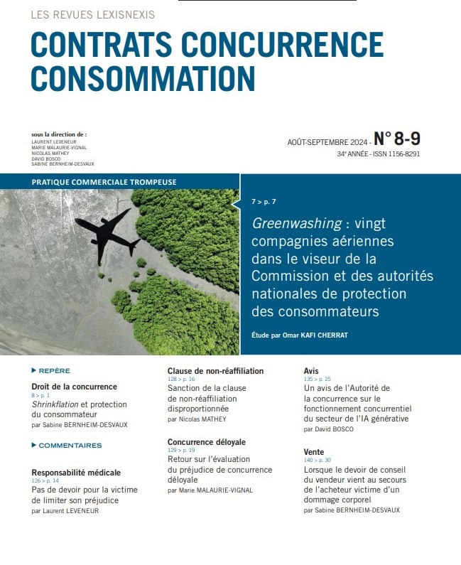 Publication de mon étude consacrée aux pratiques de Greenwashing dans le secteur du transport aérien dans le dernier numéro (août-septembre) de la Revue Contrats concurrence consommation. Un grand merci à l'équipe de la Revue pour leur confiance.