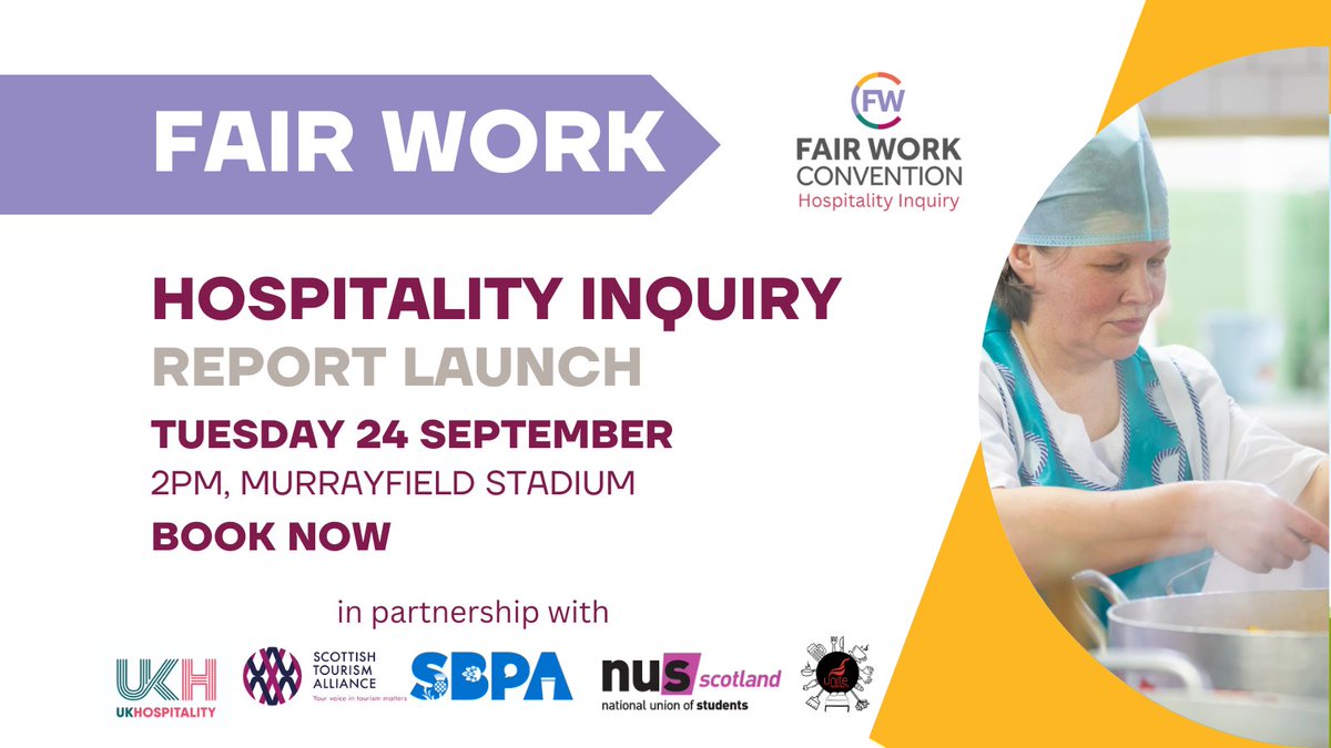 📢The #FairWorkHospitalityInquiry report launch event will hear from Scotland’s hospitality industry leads and will offer the chance to find out more about our #fairwork Inquiry’s findings and key recommendations.

BOOK A PLACE AT OUR EVENT TODAY 👉eventbrite.co.uk/e/fair-work-in…