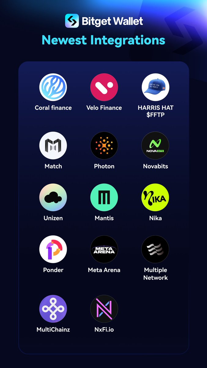 BitgetWallet's tweet photo. Let's welcome our new frens to the #BitgetWallet fam 🩵 Here's the newest integrations from the last two weeks!

@Coral_Finance @veloprotocol @HarrisHat_ETH @Match_SocialFi @Photon_Labs @0xNovabits @unizen_io @mantis @nika_labs @Ponder_One @MetaArenaGaming @MTP_Network @MultichainZ_ @nxfi_protocol 

Which projects do you wanna see us integrate next?  Comment down and let us know! ⬇️