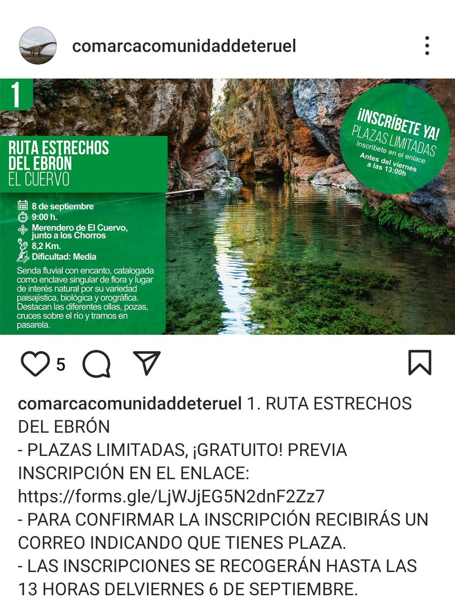AdriTeruel_'s tweet photo. Nos hacemos eco de la actividad impulsada desde Comarca de Comunidad de Teruel. Ruta guiada con plazas limitadas para el día 8 de septiembre a los Estrechos del Ebrón, en El Cuervo. Interesados inscribirse en https://t.co/9cYwIBDgGv

#ComarcadeTeruel  #Senderismo https://t.co/pO5dvtSZpa