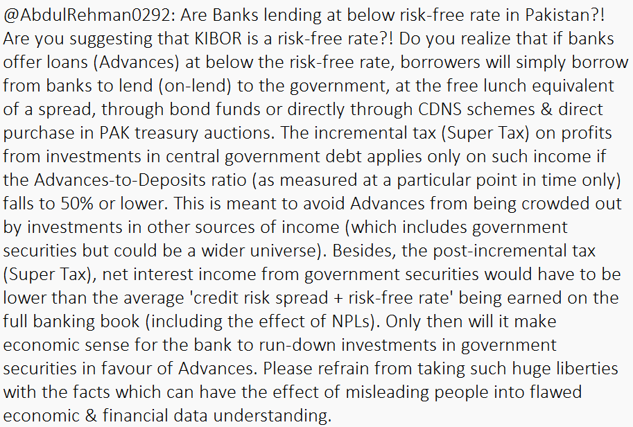 FactCheckNeeded's tweet photo. @AbdulRehman0292 Don't you think you have a responsibility to make sure your own concepts are correct before shooting from the hip on technical topics? Are Banks lending at below risk-free rate in Pakistan?! Are you suggesting that KIBOR is a risk-free rate?! @motasim https://t.co/lmOFIV4EBh