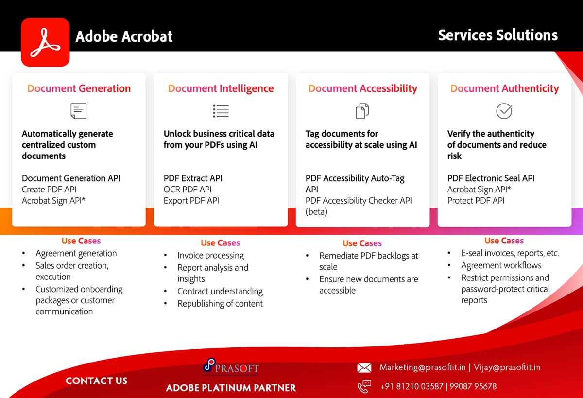 PrasoftS's tweet image. #Adobe #Acrobat #ServicesSolutions #UseCases #Document #generation #Intelligence #Accessibility #Authenticity #API #Ai

For more information, connect with us on,

Marketing@prasoftit.in | +91 81210 03587