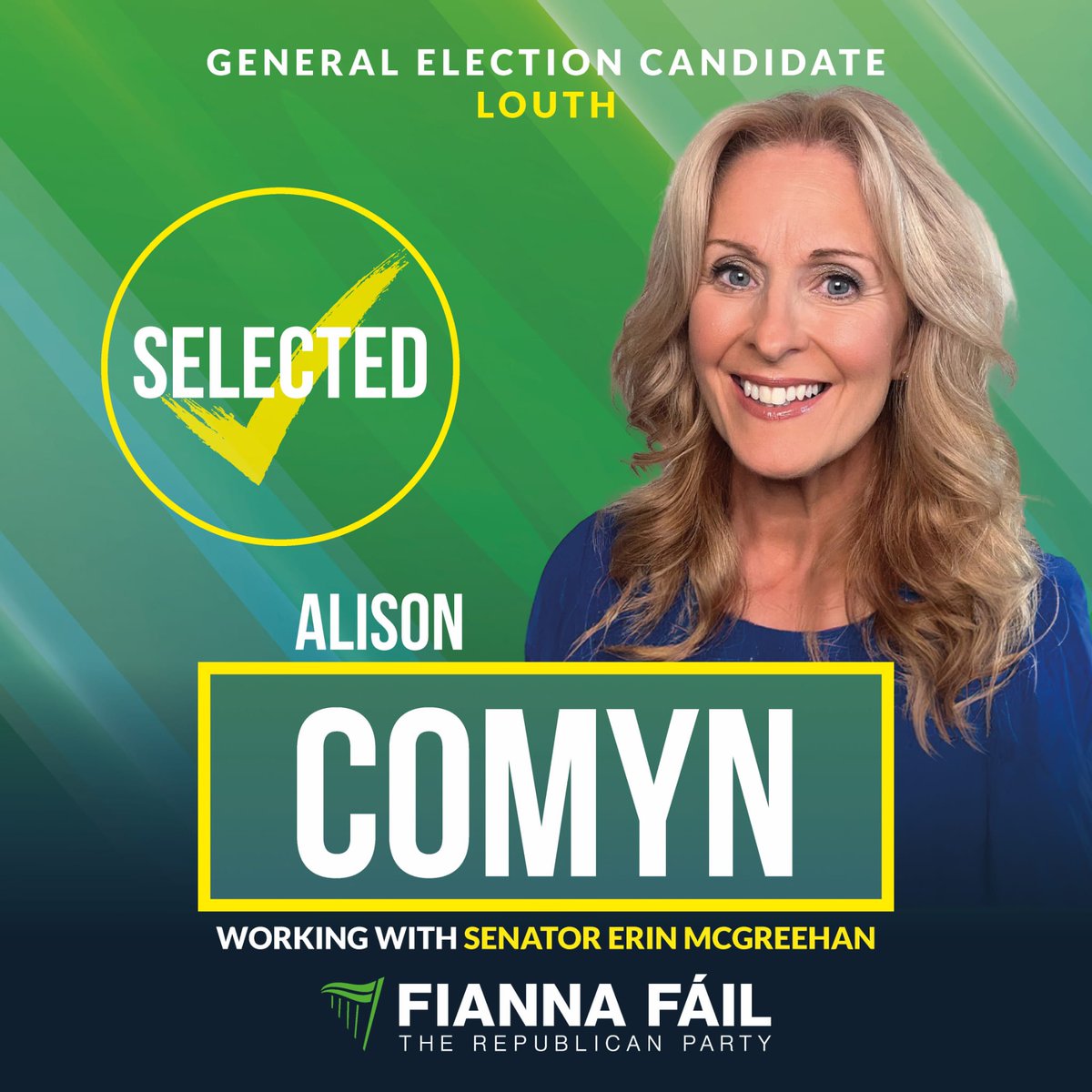 Fianna Fáil (@fiannafailparty) on Twitter photo Congratulations to <a href="/alisoncomyn/">Senator Alison Comyn</a> who has been added to the ticket for the Louth Constituency for the next general election. She will join Senator <a href="/ErinMcGreehan/">Erin McGreehan TD</a> on the ticket.
Alison is deeply-rooted in her community of Drogheda and South Louth. Congratulations to <a href="/alisoncomyn/">Senator Alison Comyn</a> who has been added to the ticket for the Louth Constituency for the next general election. She will join Senator <a href="/ErinMcGreehan/">Erin McGreehan TD</a> on the ticket.
Alison is deeply-rooted in her community of Drogheda and South Louth.