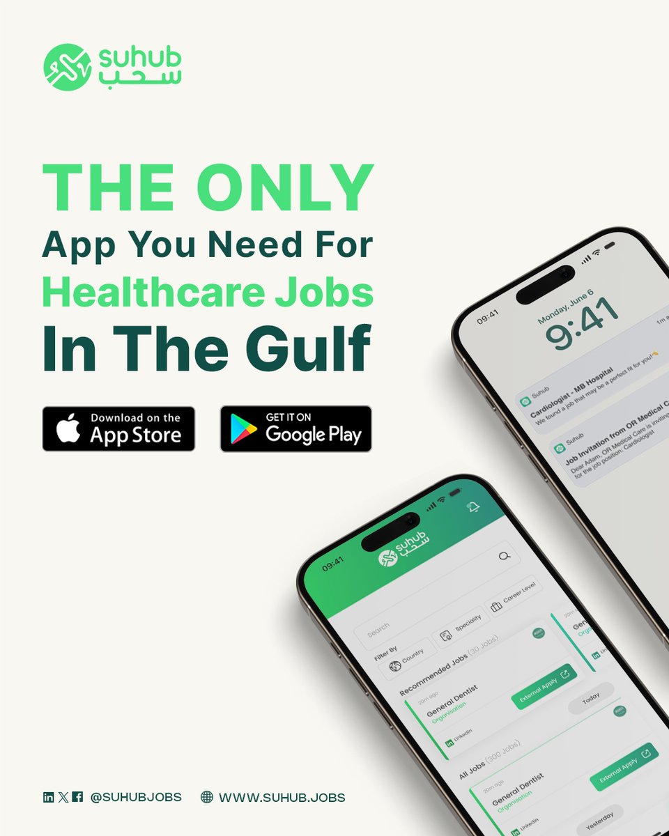 SuhubHealthcare's tweet photo. The ONLY App you need to find your next dream job in healthcare in the Gulf. 

✅ All Gulf's healthcare job opportunities in a single place.

✅ Don't miss out! Get notified the moment a perfect job matches your profile is announced. 

✅ Authentic jobs only.

1,400+ job openings are available this week!

Download the App

➡️ App Store : https://t.co/uRYBvi8eSV
➡️ Google Play: https://t.co/QEQXvmwOfS

#Healthcareworker #Healthcareprofessional #Gulf #Suhubjobs #Recruitment