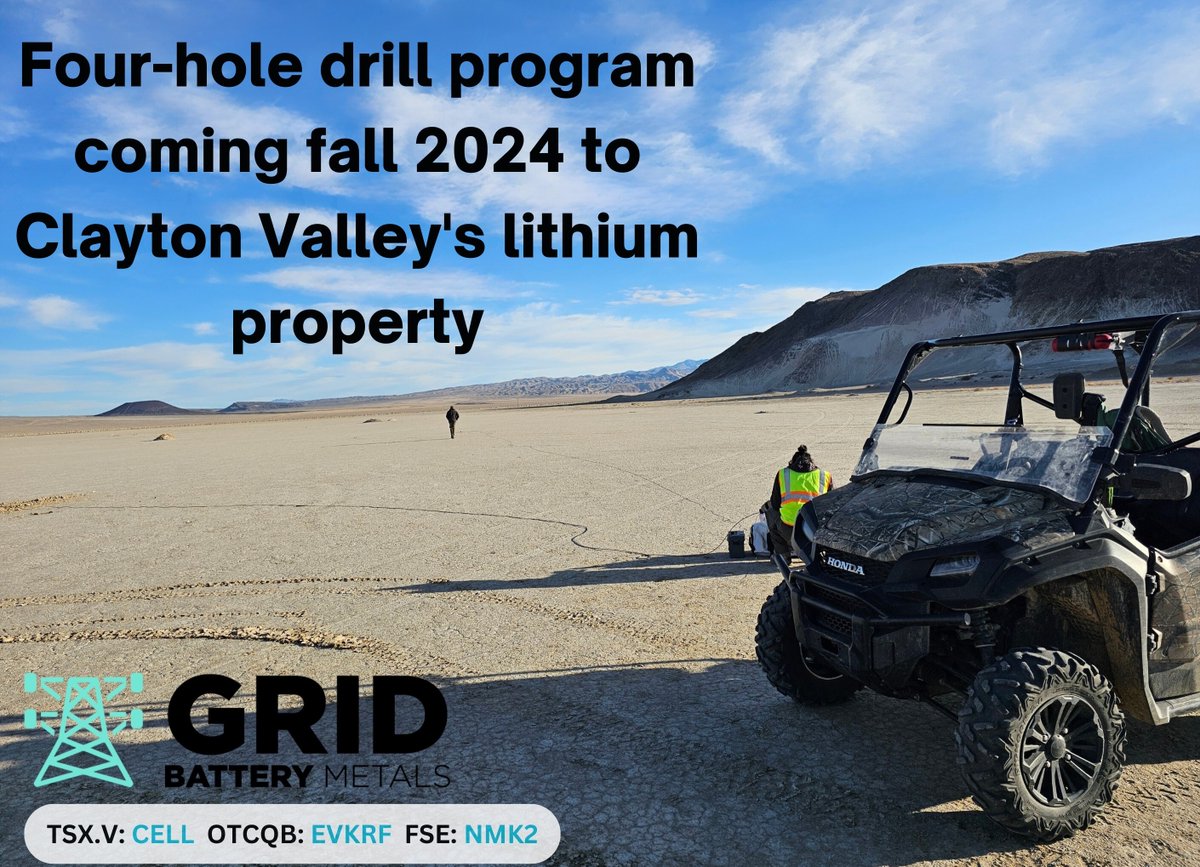 GRIDBattery's tweet photo. ⛏️Exploration recap: We anticipate receiving the Clayton Valley soil sample results shortly and are excited to commence our four-hole drilling program scheduled for fall 2024!
Stay tuned: https://t.co/epa8JXpKcK
$CELL $EVKRF #Mining #DrillProgram #Geology #LithiumProject #LithiumStocks #BatteryTech