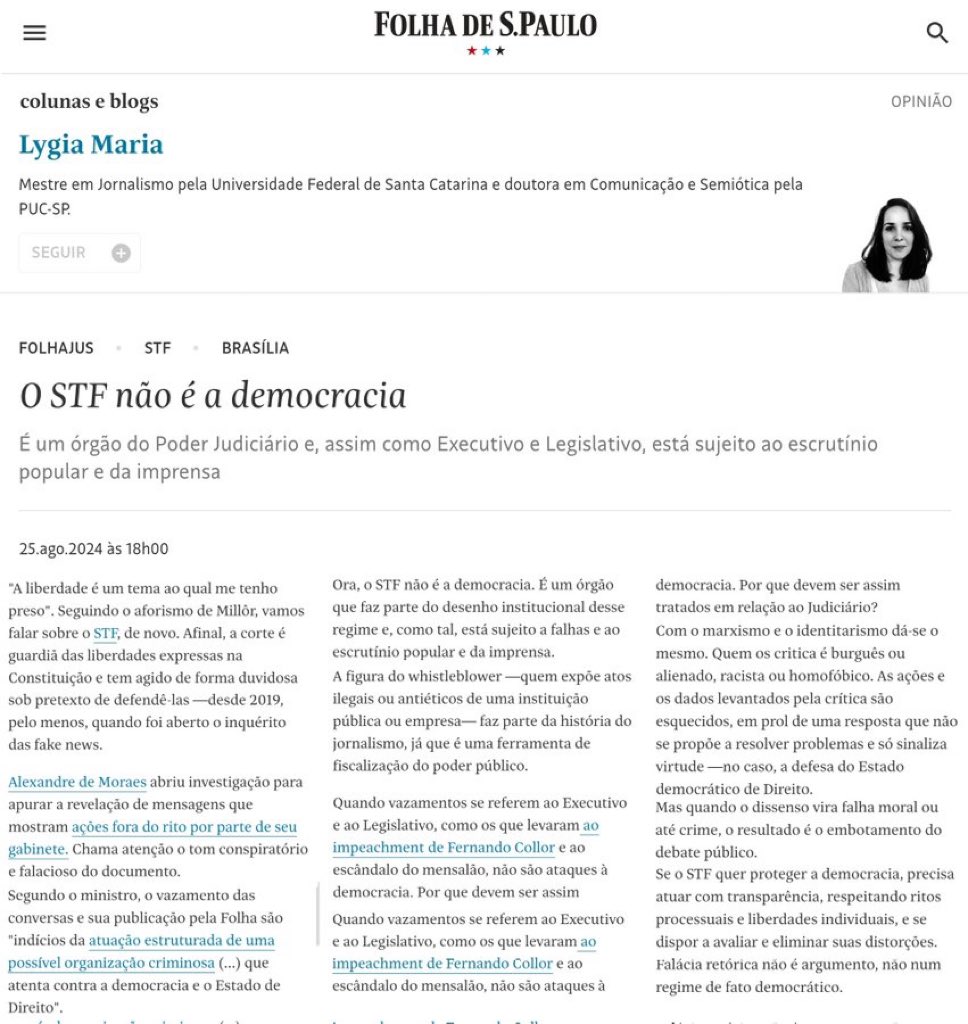 ricardors_of's tweet photo. Caramba. A Folha destruiu toda a falácia dos ministros do STF em relação a tal defesa da democracia. É uma pena que acordaram só depois que a água bateu na bunda deles. https://t.co/BK7G4rZLh4
