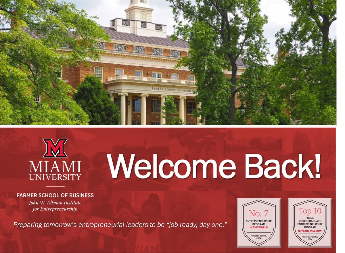The Department of Entrepreneurship and John W. Altman Institute are excited to welcome students back to campus for the new academic year! 
#LoveandHonor #BeyondReady #LearnbyDoing #Entrepreneurship <a href="/StartupCincy/">StartupCincy</a> @MiamiUniversity <a href="/FarmerSchoolMU/">Miami University Farmer School of Business</a> <a href="/MiamiOHNews/">MiamiOH News</a> <a href="/MiamiAlum/">MUAA</a>