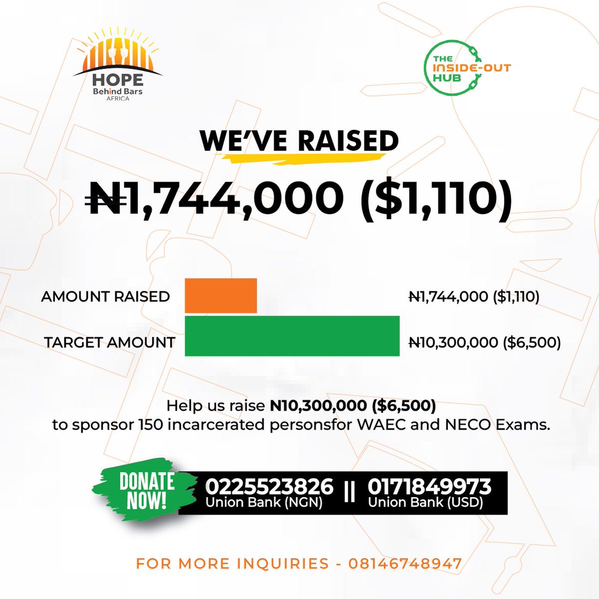 hopebehindbar's tweet photo. UPDATE! We’re making incredible progress thanks to your generosity! 🎉🎉
So far, we’ve raised N1,744,000 the #LearningBehindBars Campaign.
Please join the Support train by contributing here:
Union Bank (Naira): 0225523826
Union Bank (USD): 0171849973 (Swift - UBNINGLA)
Thank you!
#learningbehindbars
#hopebehindbars
#supportaninmate