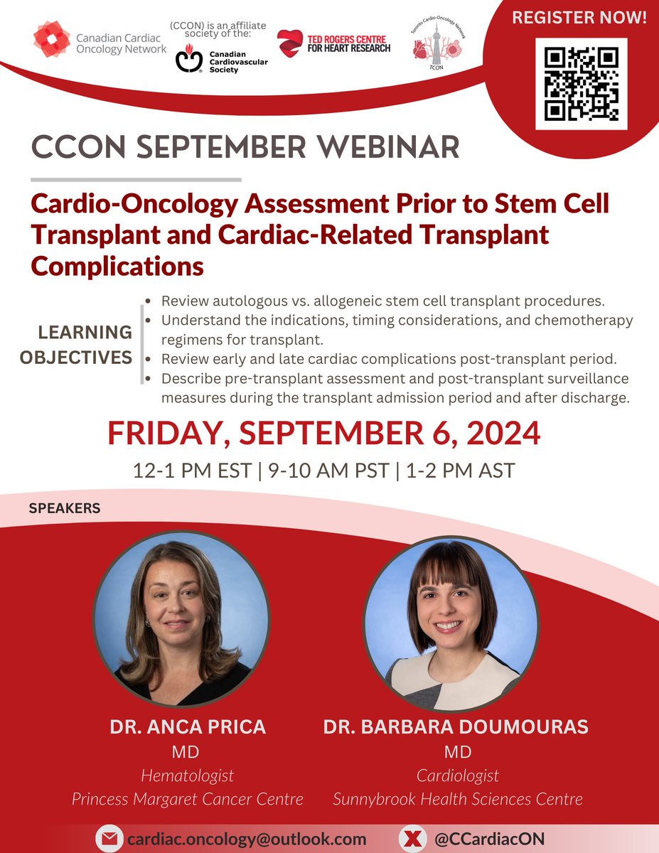 Canadian Cardiac Oncology Network (@ccardiacon) on Twitter photo Don’t miss our next CCON Webinar on Sept 6th at 12pm EST! We will hear from Drs. Anca Prica (@AncaPrica) & Barbara Doumouras (<a href="/bsdoumouras/">Barbara Doumouras</a>) about the cardio-oncology complications of stem cell transplants!🫀🩸
Register here: tinyurl.com/mzh42waf Don’t miss our next CCON Webinar on Sept 6th at 12pm EST! We will hear from Drs. Anca Prica (@AncaPrica) & Barbara Doumouras (<a href="/bsdoumouras/">Barbara Doumouras</a>) about the cardio-oncology complications of stem cell transplants!🫀🩸
Register here: tinyurl.com/mzh42waf