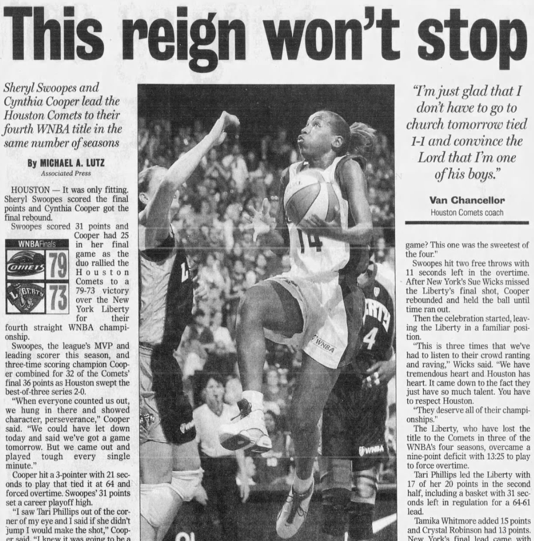 WBBTimeline's tweet photo. Back-to-back-to-back-to-back.
24 years ago today the Houston Comets won their 4th consecutive title.
The Comets beat the New York Liberty 79-73:
@airswoopes22: 31 PTS / 6 REB
@AllDecade14: 25 PTS / 7 AST / 4 REB
@IamTinaThompson: 11 PTS / 8 REB
The Compaq Center: 16,285 fans https://t.co/xgWRLMzpsE