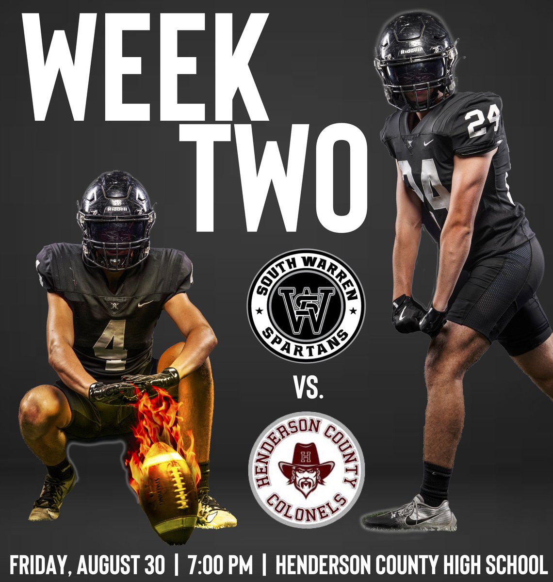SouthWarrenFB's tweet photo. ⚔️G A M E   W E E K   T W O⚔️

South Warren at Henderson County

Friday, August 30
7:00 p.m. CDT

Henderson County High School
2424 Zion Road
Henderson, KY 42420

Tickets: 
Link Coming Soon

Official Livestream:
https://t.co/BBlhNbniAE

⚔️ F I N D   A   W A Y ⚔️ https://t.co/ZF5sOj04ab