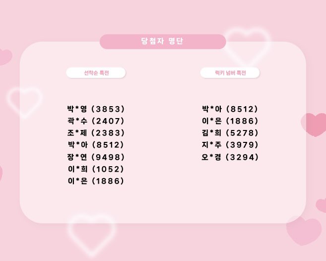 🩷 선착순 특전, 럭키 넘버 특전 당첨자 명단

당첨을 축하드립니다- ̗̀ෆ⎛˶'ᵕ'˶ ⎞ෆ ̖́- !