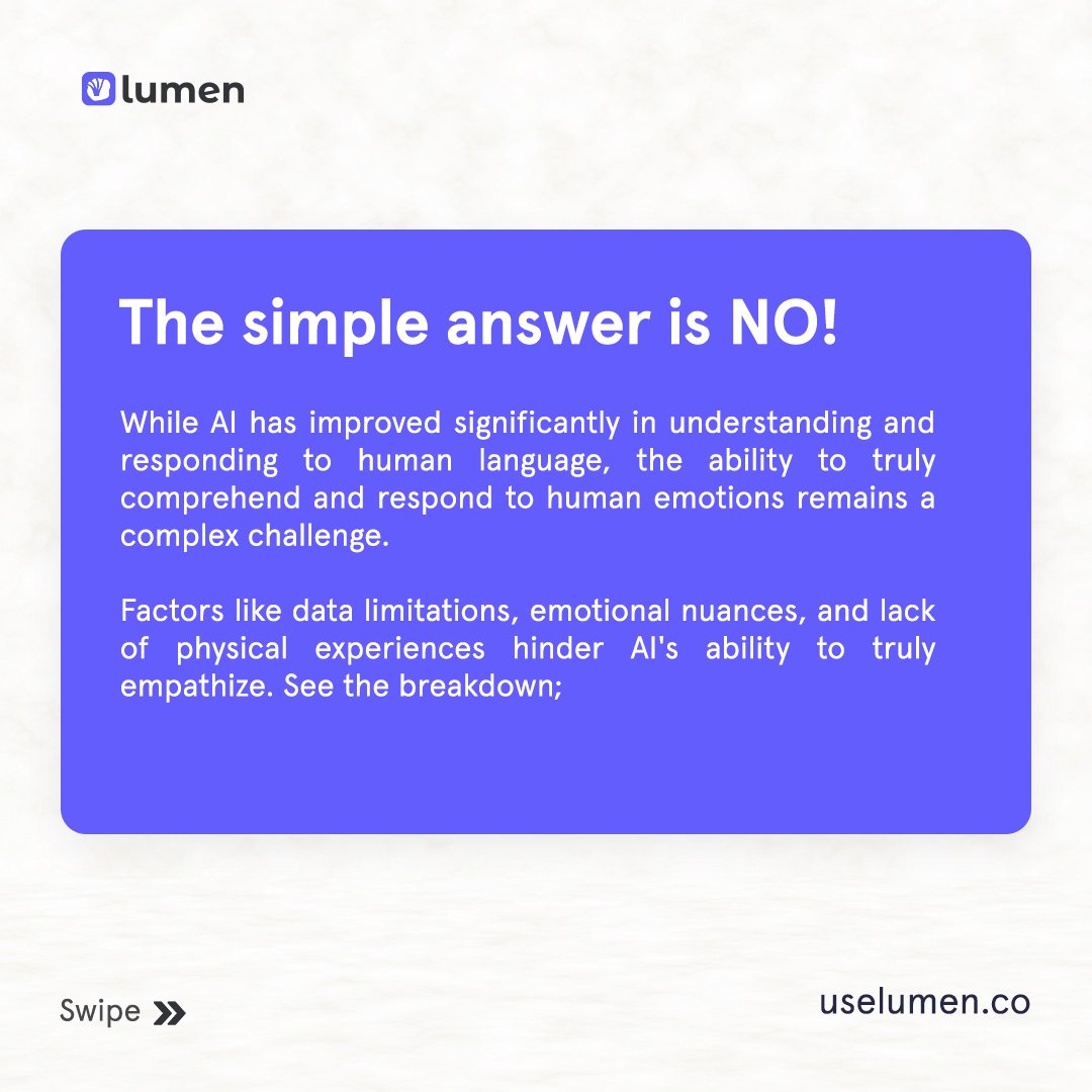 uselumen's tweet photo. Can AI truly understand human emotions? Is it a waste of time or can it genuinely enhance our experiences?

➡️ Swipe now to see the breakdown on AI's emotional intelligence.

Check out our blog for more insights on AI &amp; its applications at https://t.co/FKKdToiUZk

#AI #Emotions https://t.co/Rq2KOLDeFI