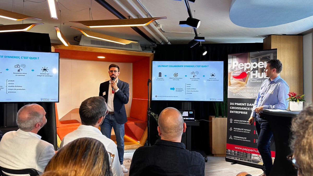 Innovaud's tweet photo. Jeudi dernier, nous étions à Gland pour l'événement Créer et développer son entreprise sur la Côte vaudoise 🙌 Organisé par #PepperHub @IFJ_ch, l'événement a rassemblé 75 participants auxquels Arnaud Croisier a pu présenter nos programmes #SyNNergy, #INNdustry et #ScaleUpVaud 🙏 https://t.co/BDkNK6fa5H